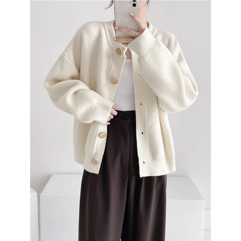 圆领纯色宽松针织开衫女秋冬新款休闲简约软糯慵懒风温柔毛衣外套