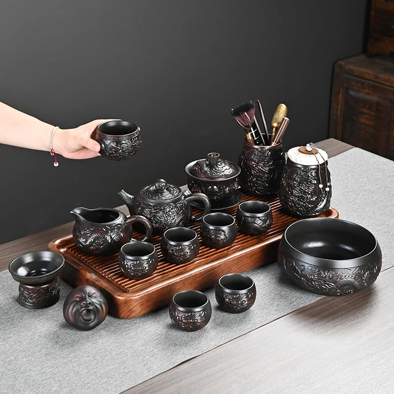 顾竹紫陶复古浮雕高档家用酒店会客茶具中秋春节送礼佳品