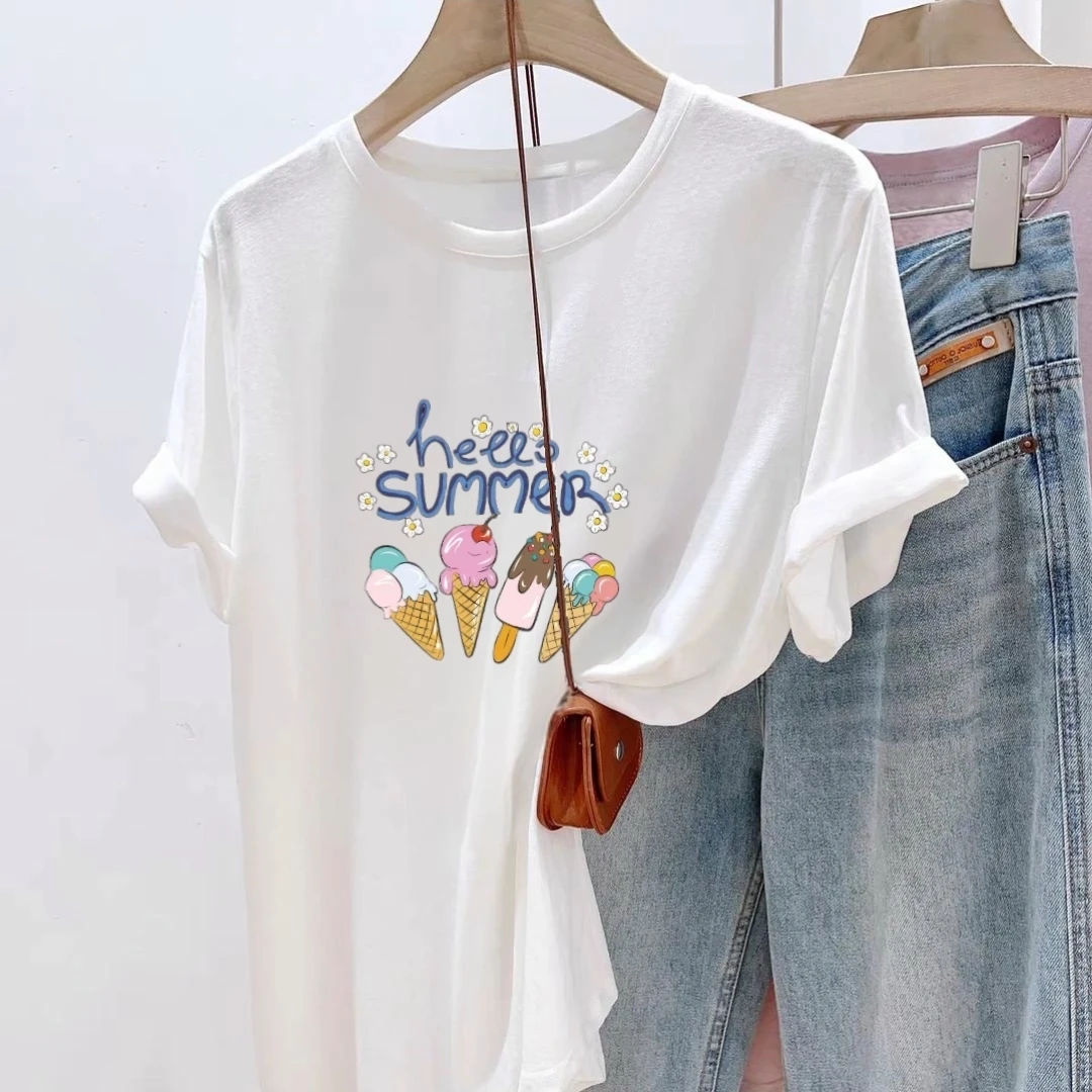 印花设计雪花棉气质薄款白色短袖T恤女夏季透气显瘦体恤新品上衣