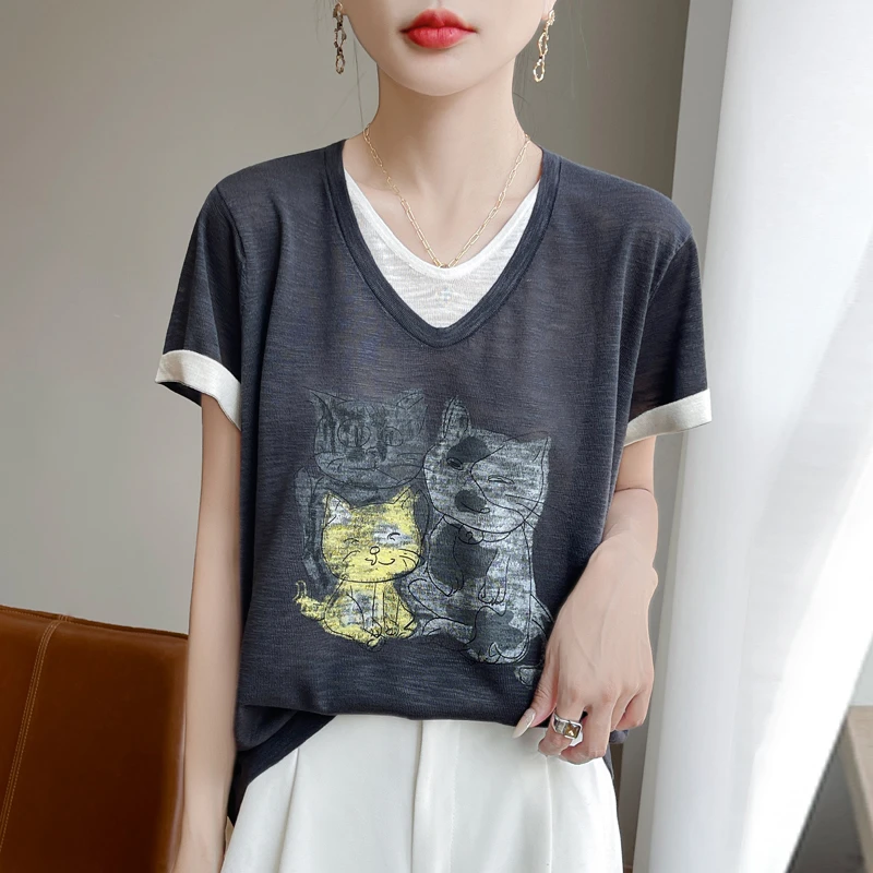 夏季新款竹节麻双V领假两件猫咪图案短袖洋气百搭宽松显瘦透气