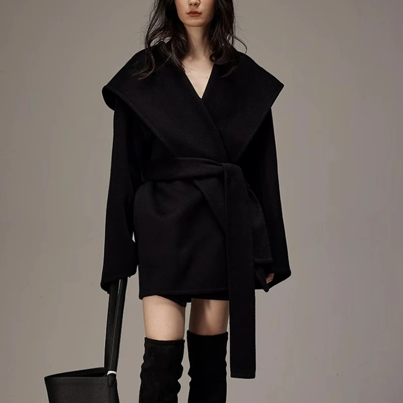 小柒】2025新款连帽式宽松短款系带双面骆驼绒大衣廓形呢子外套