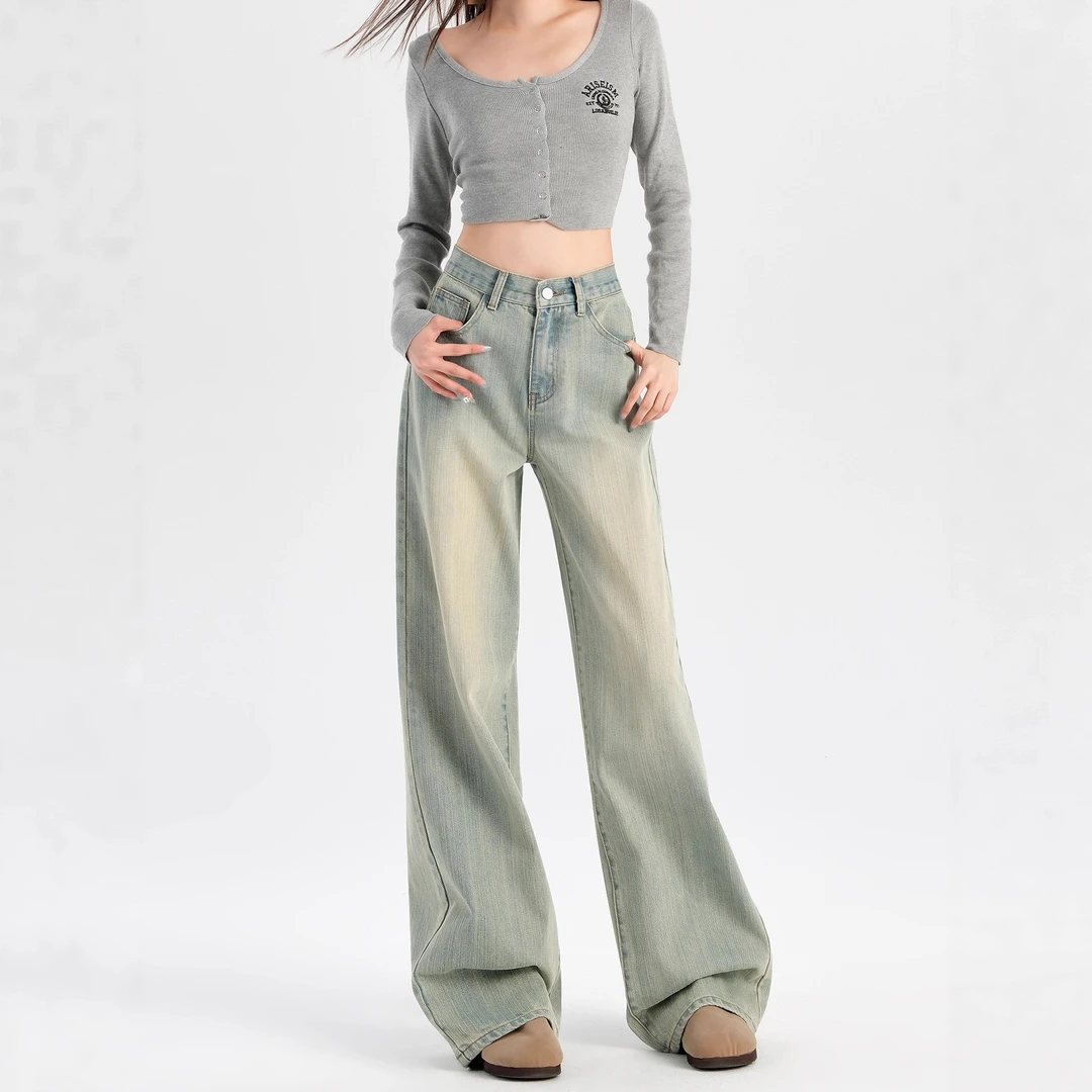薄款浅色高街阔腿牛仔裤女2025新款高腰宽松显瘦复古垂感直筒拖地