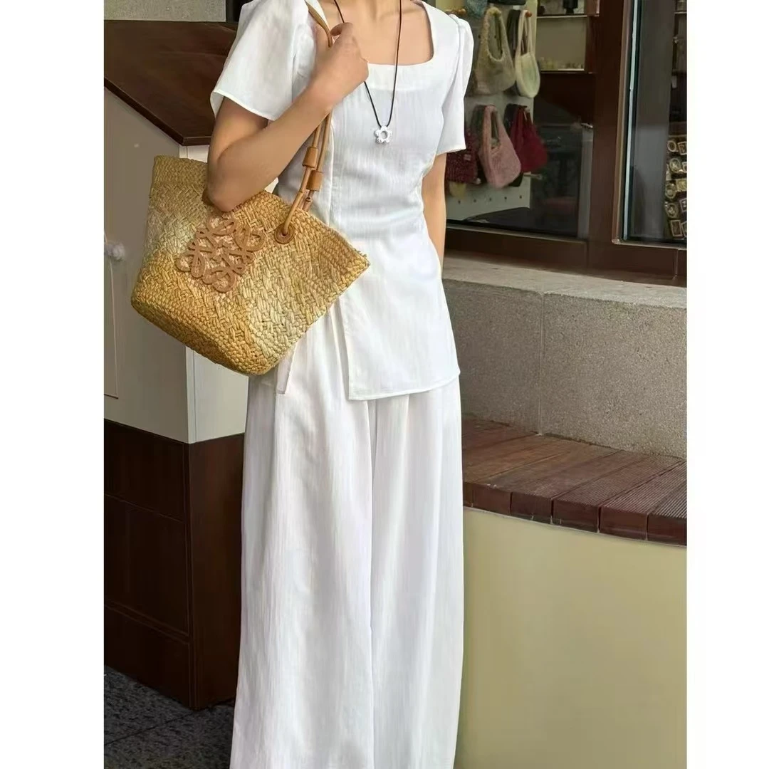 法式白色方领开叉短袖上衣搭配高腰半松紧阔腿裤夏季套装