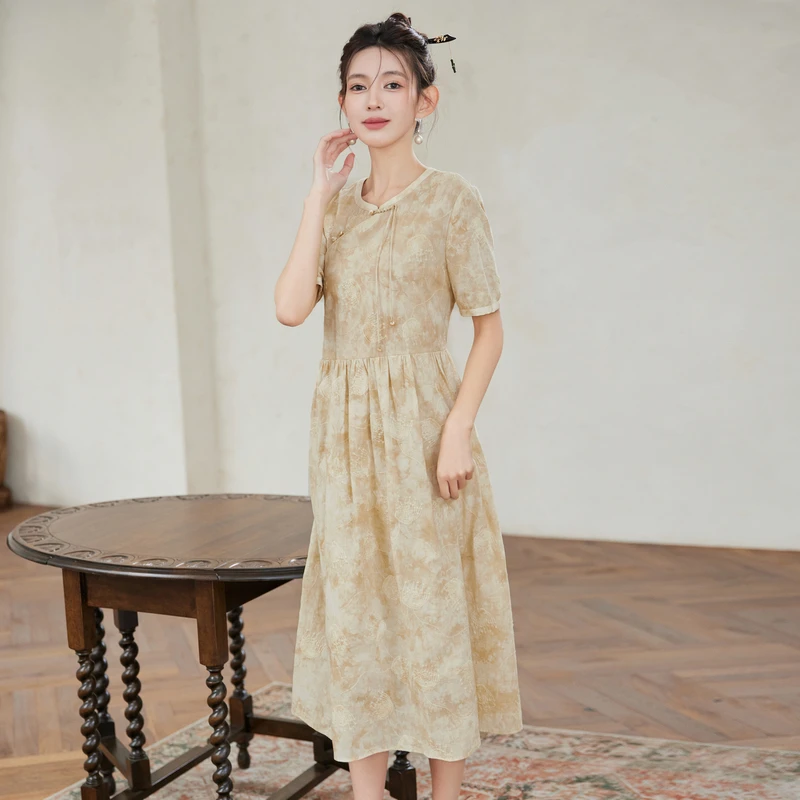 风笛2025年夏季新款时尚花咖气质优雅短袖新中式碎花显瘦连衣裙女