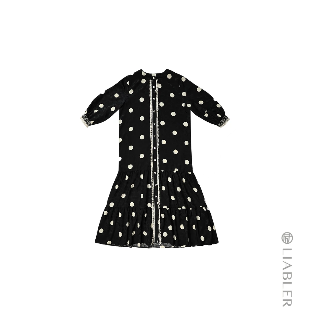 LIABLER/励 W25春夏法式暗纹波点提花拼接长款连衣裙 LSS25244D