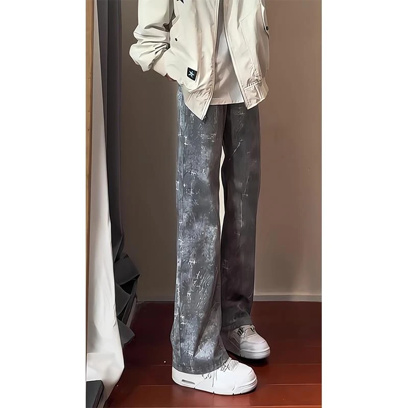 雪花纹牛仔裤男春秋季有设计感的裤子美式高街显瘦修身直筒微喇裤