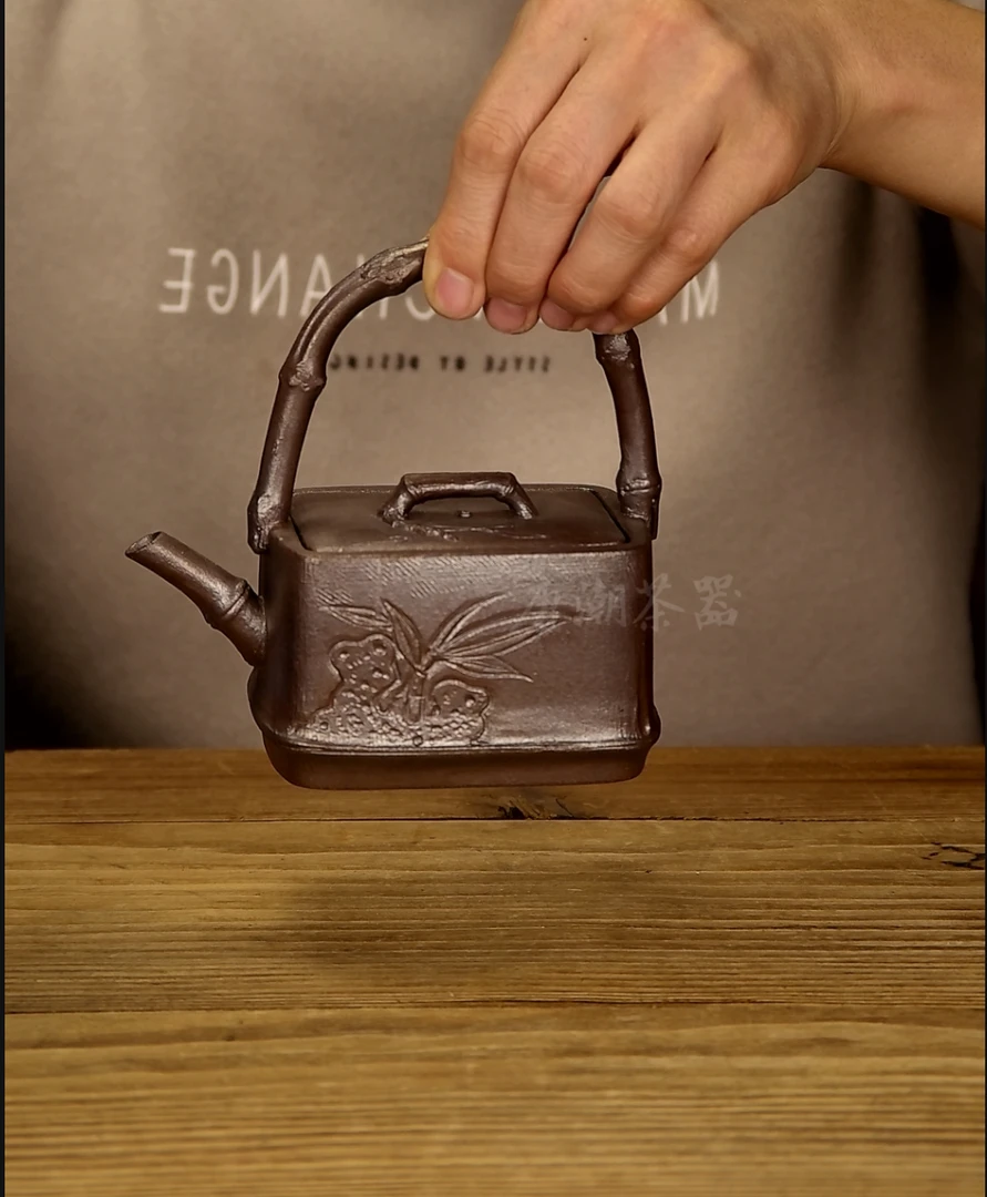 铁胎泥手工竹节提梁壶 文人茶器柴烧品茗雅器紫砂老岩泥提梁壶
