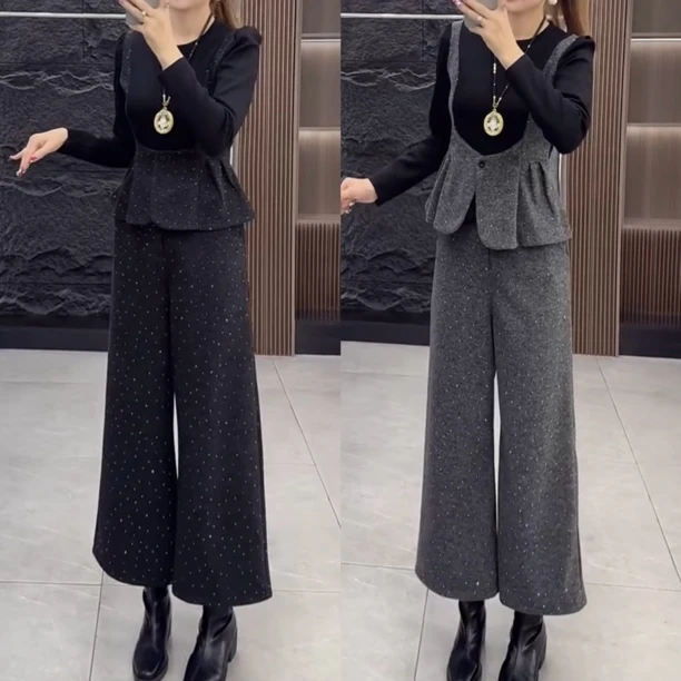 时尚套装女2026春季新款撞色拼接假两件显瘦上衣搭配阔腿裤69269