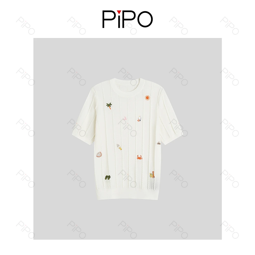 PIPO【巴素兰羊毛】圆领刺绣短袖针织衫显瘦百搭慵懒风上衣DD51Z321