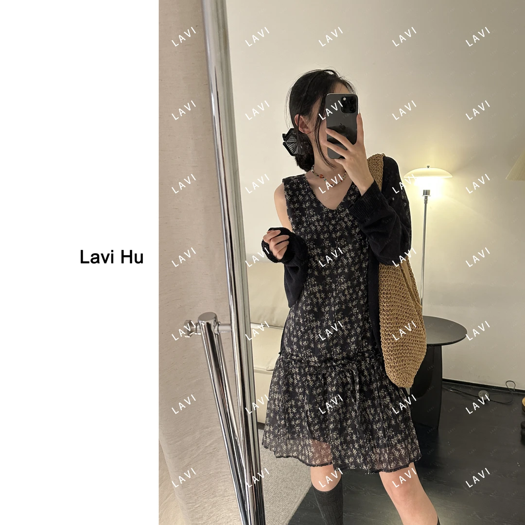 夏日浪漫 天 丝 V领无袖中腰中裙夏季碎花连衣裙1528