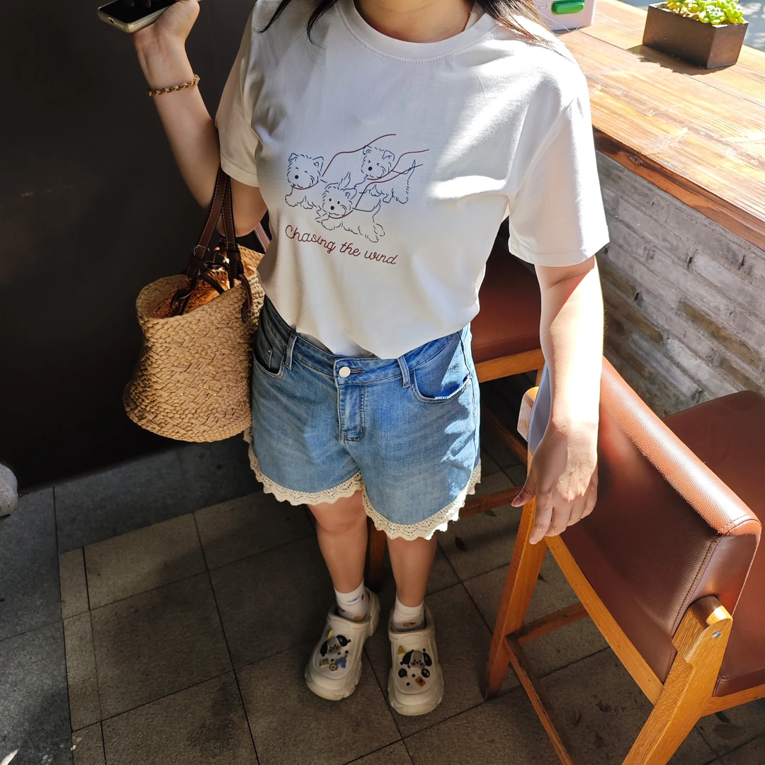 LOV3夏季新款蕾丝牛仔短裤女2025复古宽松高端裤子显瘦大码女装