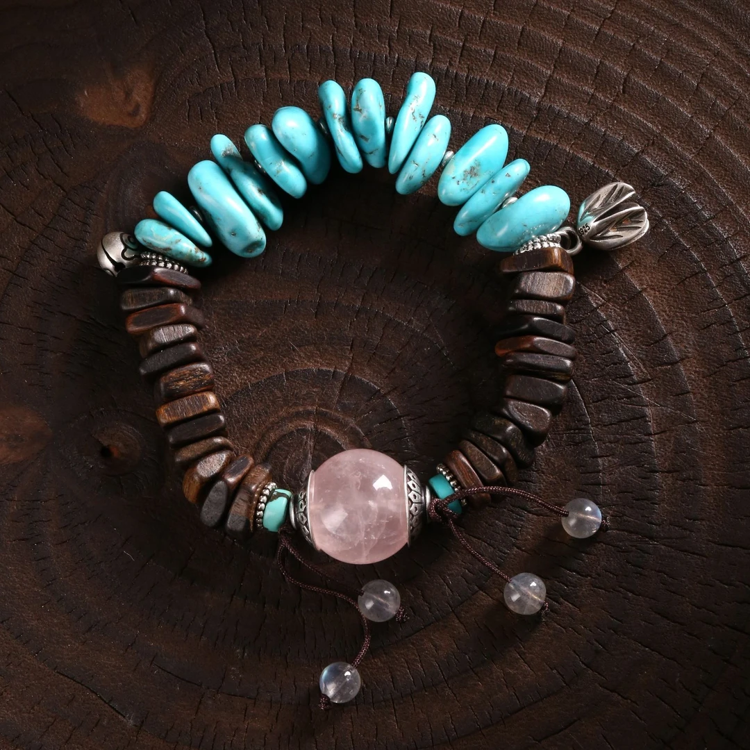 S10614<非晚>s925银随型不规则绿松石粉水晶香香灰月光弹力手串