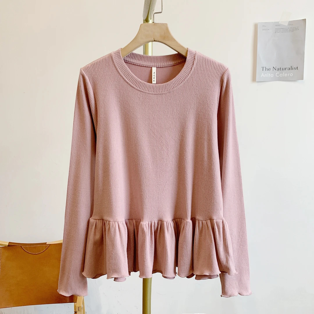 红提乌龙C4910坑条荷叶边圆领长袖T恤