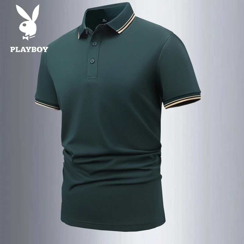 花花公子夏季薄款短袖T恤2025夏季新款修身男士纯色翻领polo衫男