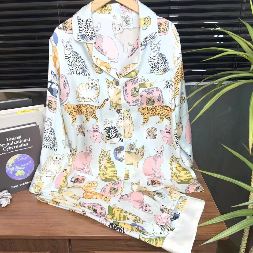 【日月禾】重磅小猫100%桑蚕丝真丝睡衣长袖长裤T2088