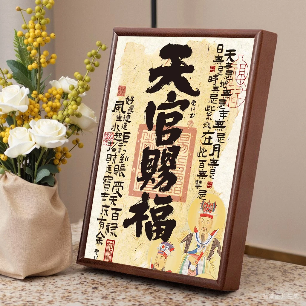 天官赐福实木框摆件春节新房入户玄关鞋柜客厅乔迁装饰相框摆台