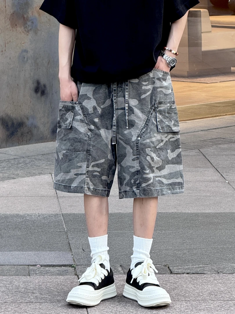 [7m 25SS]水洗做旧双口袋暗纹迷彩短 夏季纯棉立体吊磨六分工装裤