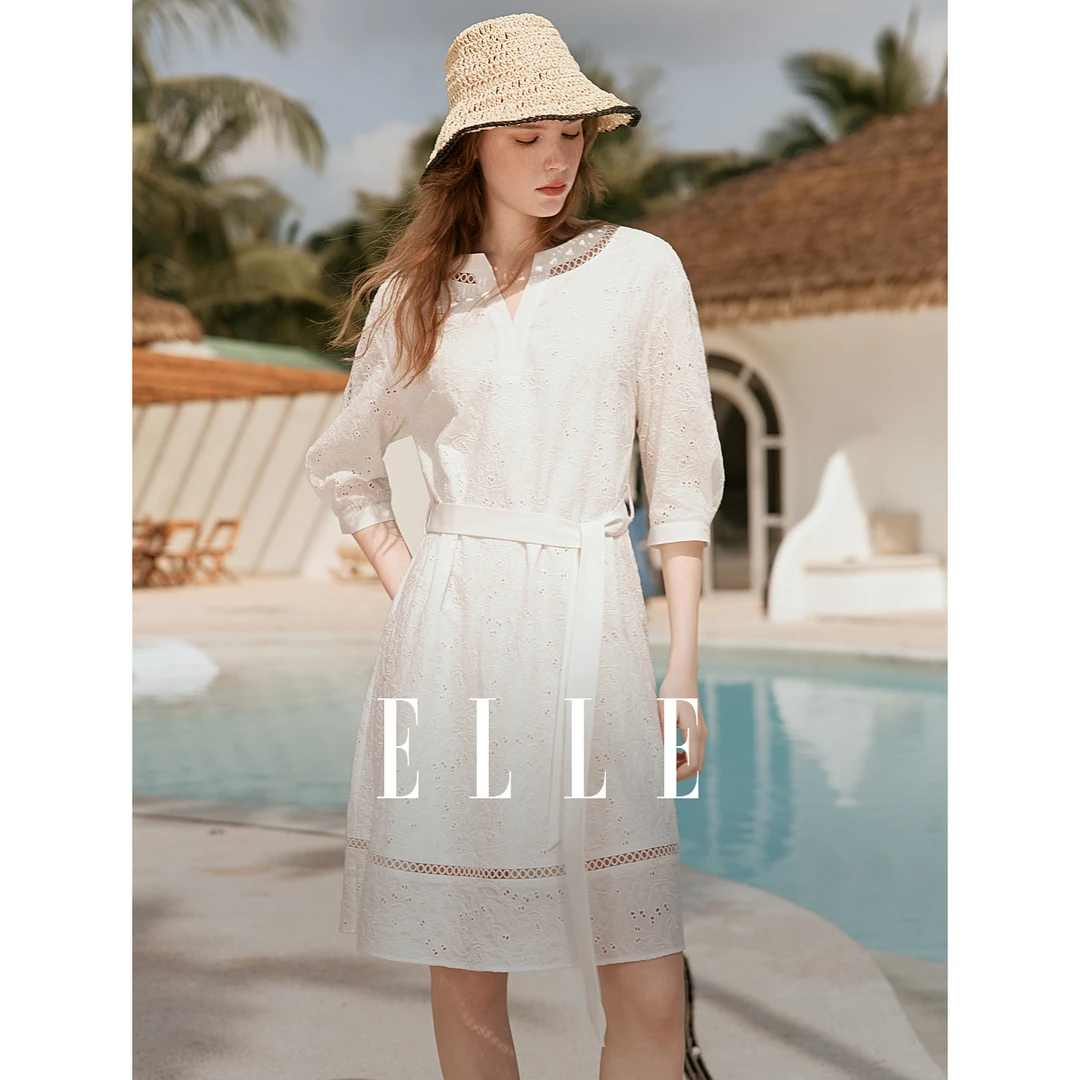 ELLE法式灯笼袖度假连衣裙女2025夏季新款航海气质EL51250