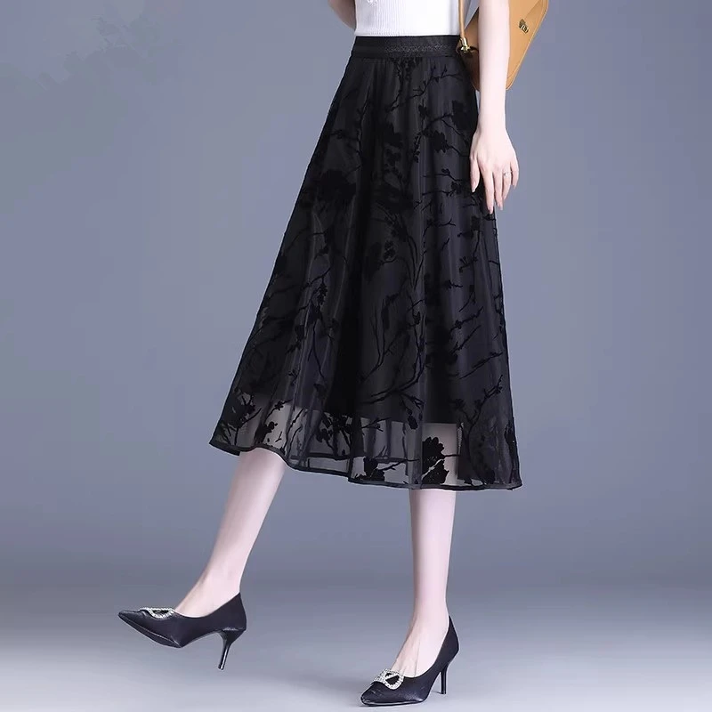 网纱裙半身裙女夏2025新款高腰中长款梨型身材显瘦小个子a字显瘦