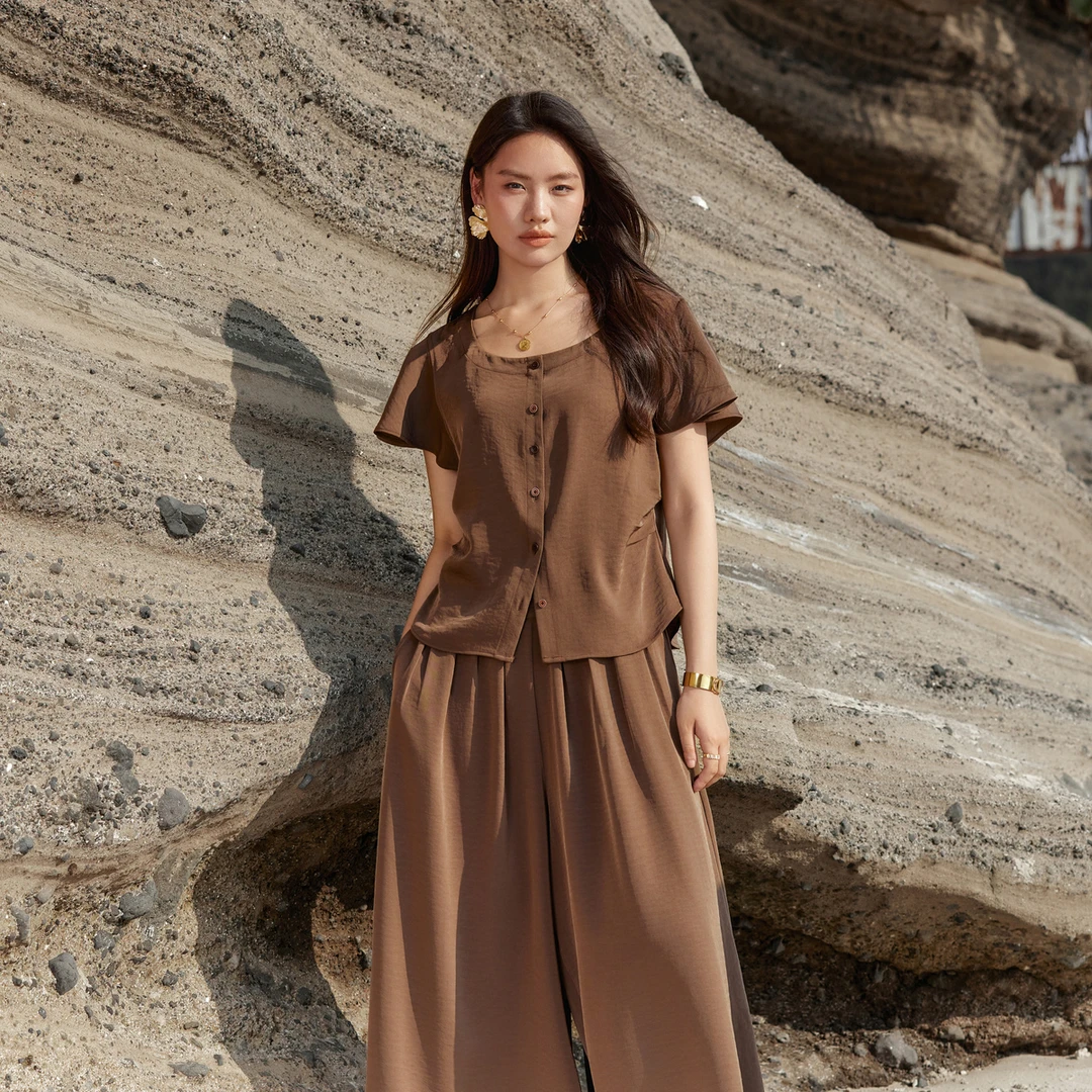 【琥珀流光】纤莉秀大码女装恋夏法式衬衫百搭阔腿裤两件套QK2029