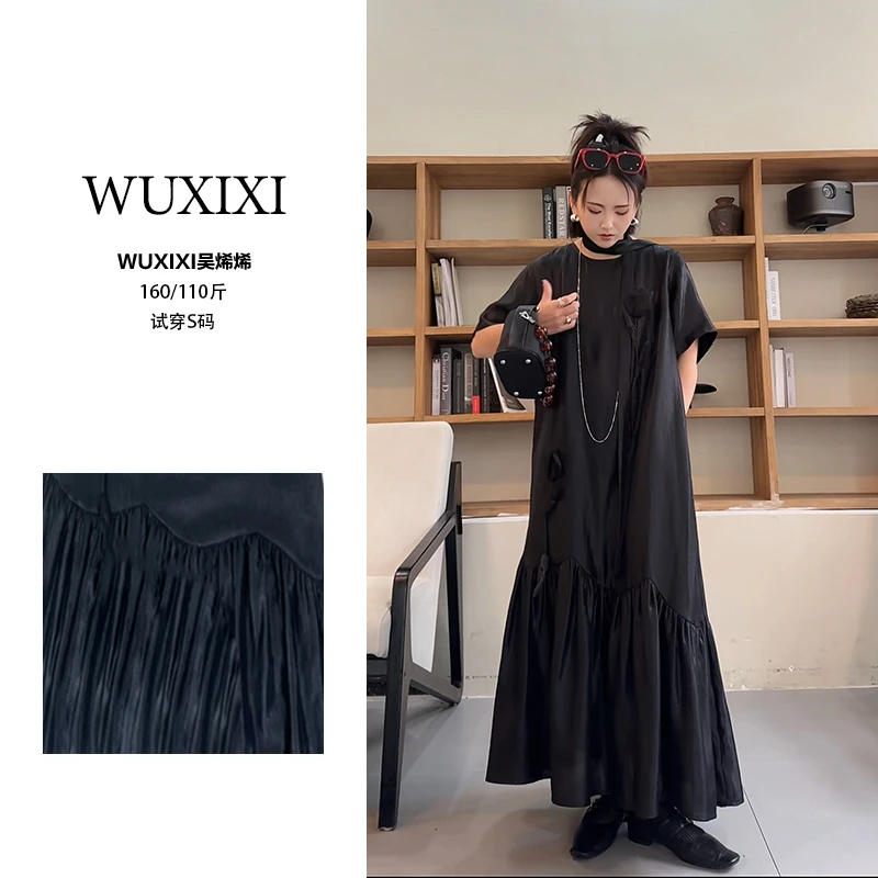 【黑色玫瑰】手工裱花‘夏季新款显瘦韩版大码宽松撞色鱼尾连衣裙女