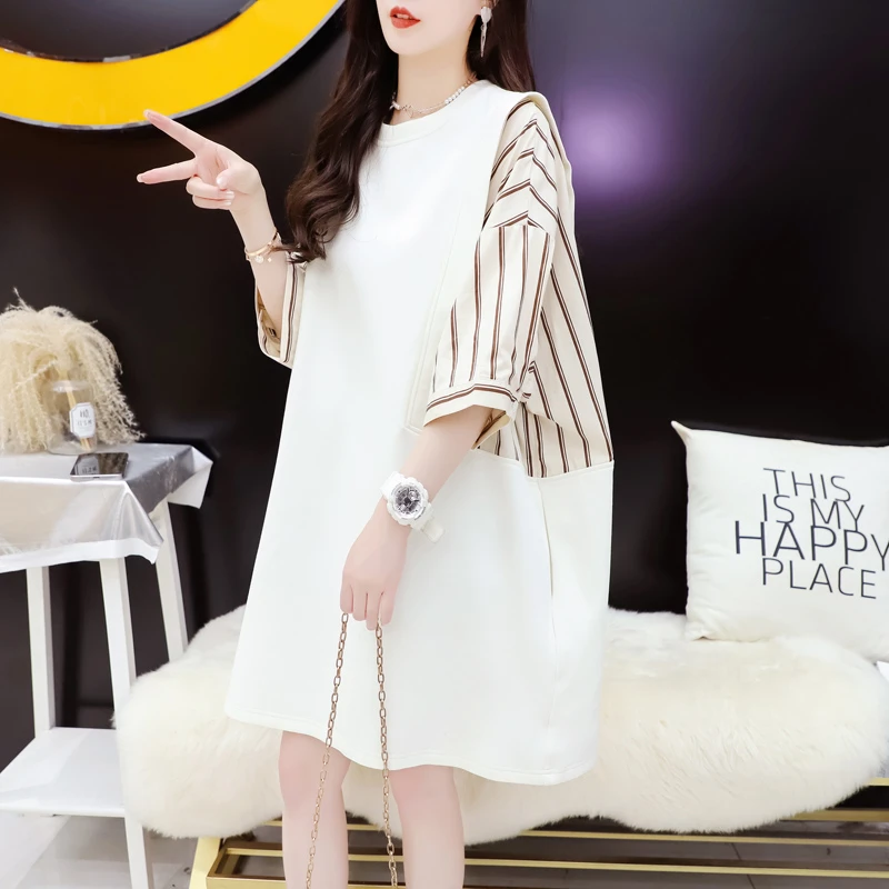 夏季新款设计感假两件拼接条纹休闲短袖t恤韩版大码显瘦宽松时尚