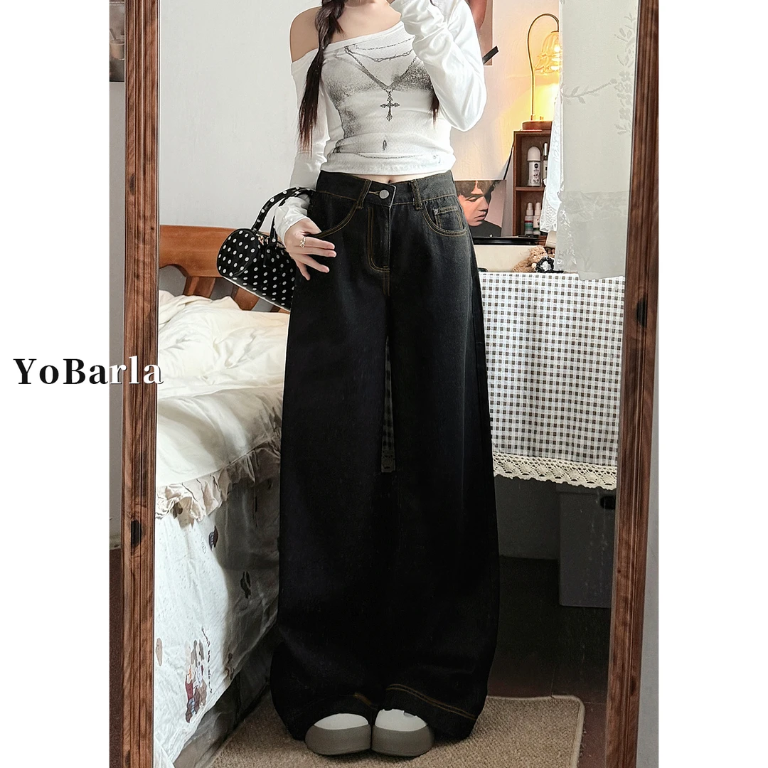 黑色阔腿牛仔裤女秋冬新款大码胖mm宽松加绒梨形身材垂感直筒裤子