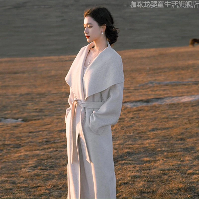 燕麦白色双面呢羊绒大衣女2025秋冬季高级感中长款翻领羊毛呢外套