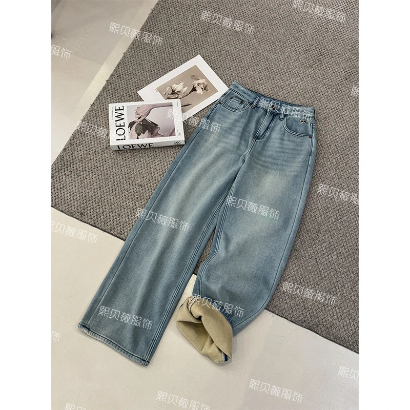 熙贝薇2 【加绒超柔牛仔】年货加绒加厚小狗刺绣直筒牛仔裤 D8925