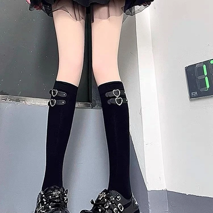 黑色爱心皮扣中筒堆堆过膝长袜女jk风显瘦百搭