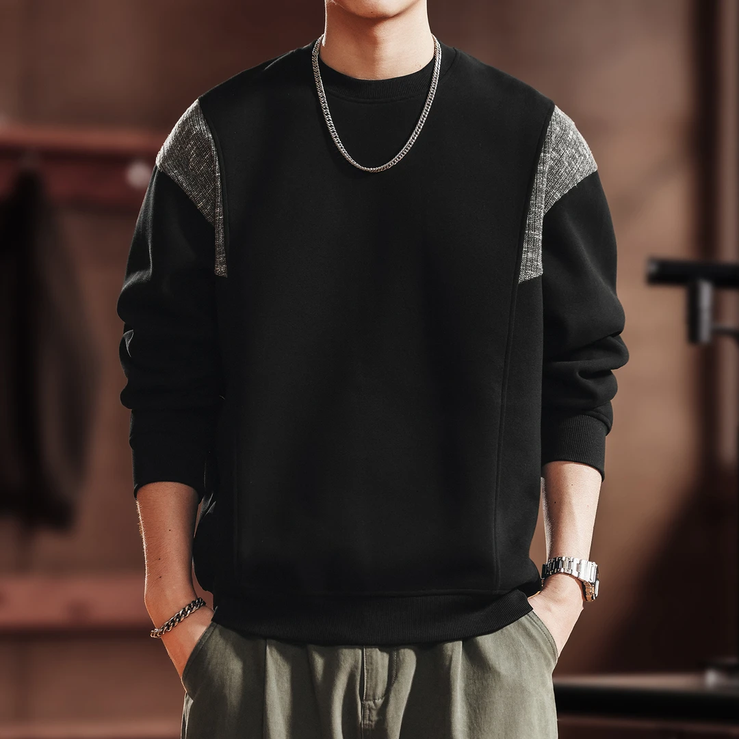 格蓝鹿美式复古撞色拼接长袖卫衣男款宽松秋季休闲t恤圆领打底衫