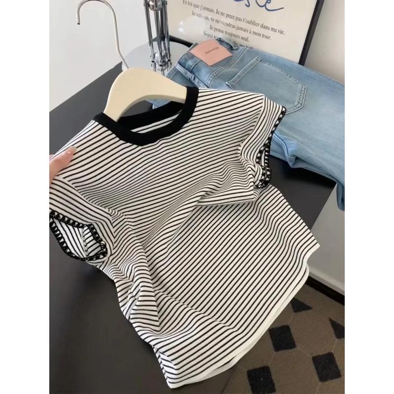 港风复古条纹小飞袖T恤女夏季新款小众百搭宽松坎肩圆领正肩上衣