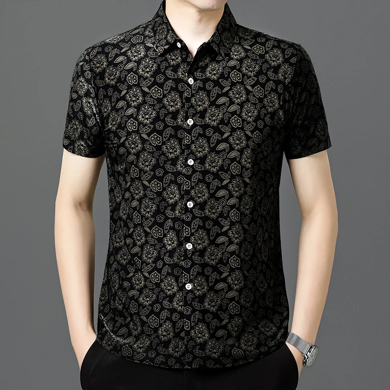 男士休闲短袖衬衫上衣弹力修身夏季黑色印花半袖衬衣男人穿polo衫