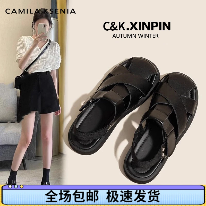 官网小c&k旗舰店2025夏天新款平底百搭罗马凉鞋包头猪笼鞋女鞋