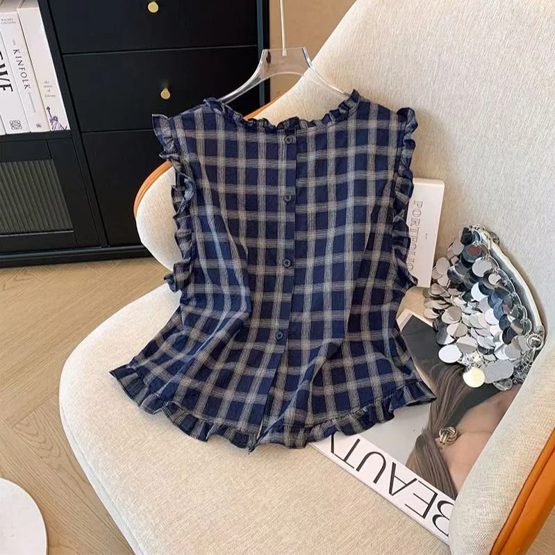 2025格子无袖衬衣休闲衬衫木耳薄款外穿夏季格子设计感洋气时尚