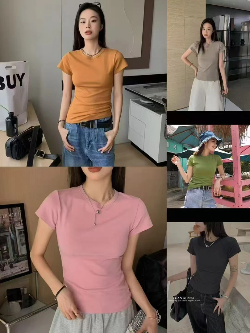 微胖大码女装2025春季新款糖果色上衣简约纯色打底衫短袖