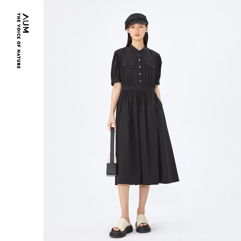 【艾钱钱精选】AUM/噢姆收腰夏季黑色气质显瘦连衣裙M1DE20656