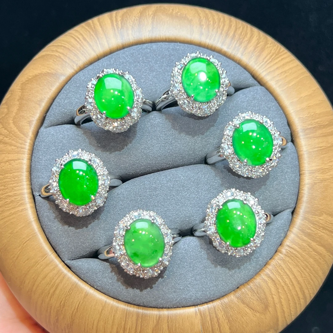 【红旭明玉】天然翡翠A货满绿蛋面戒指开口戒 多样性发一件