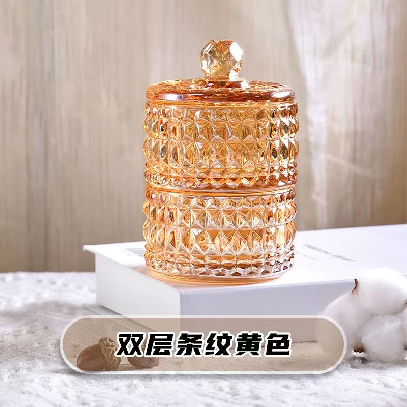 收纳盒欧式可爱双层条纹法式大号彩色黄色纯色带盖糖罐罐防尘