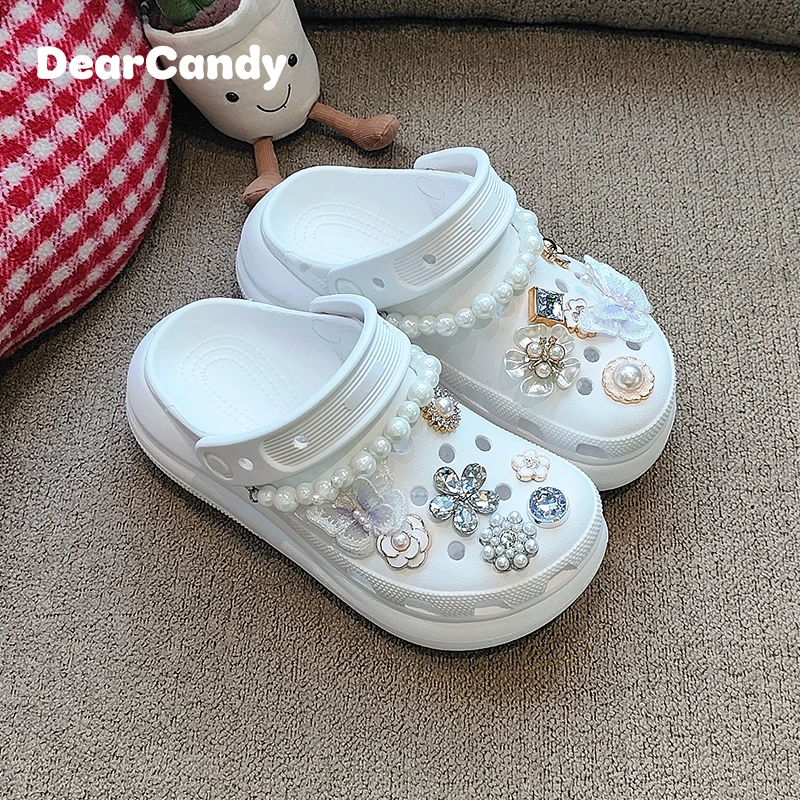 Dear Candy舒适白月山茶满钻洞洞鞋厚底6公分防滑沙滩鞋250706