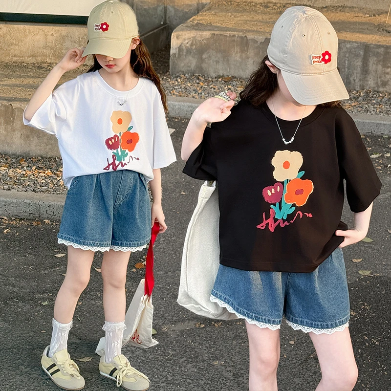 女童夏装套装中大童女孩新款洋气休闲卡通T恤短袖牛仔短裤两件套