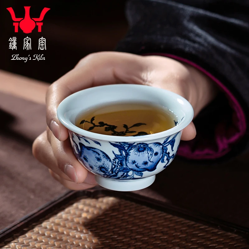 钟家窑陶瓷主人杯景德镇柴窑青花手绘点工福寿桃纹小号茶杯压手杯