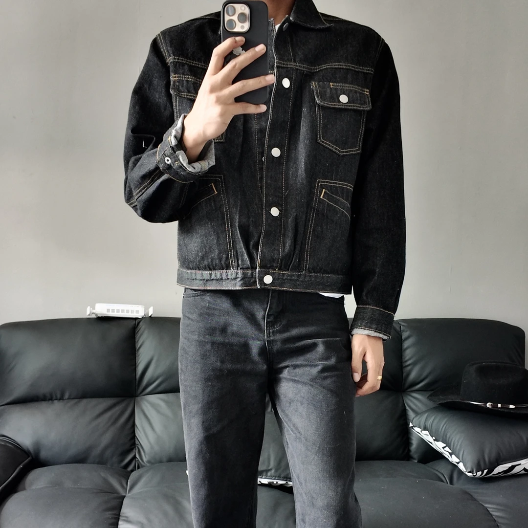 明线春秋做旧牛仔休闲时尚翻领收口袖常规款宽松夹克