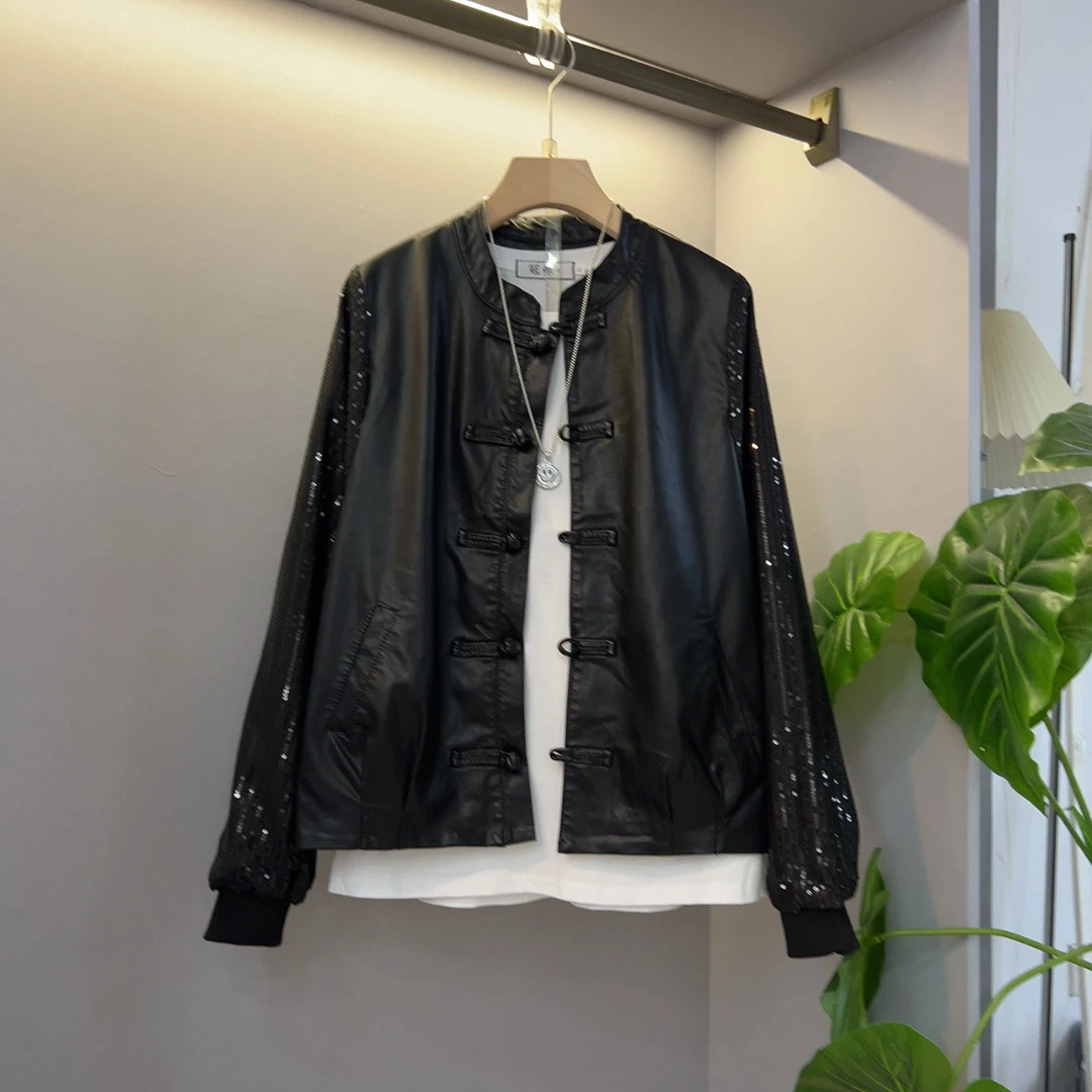 胖妹妹立领亮片长袖盘扣皮外套洋气百搭外套