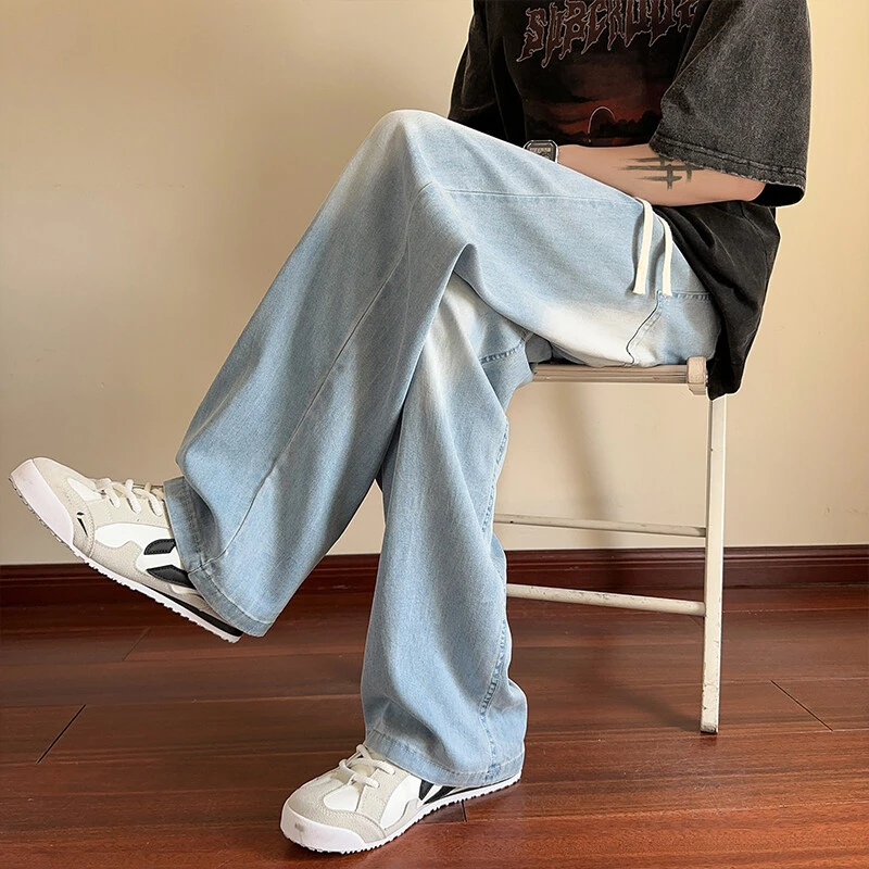 青少年薄款夏季潮流宽松垂感直筒裤百搭微弹牛仔裤潮流休闲长裤