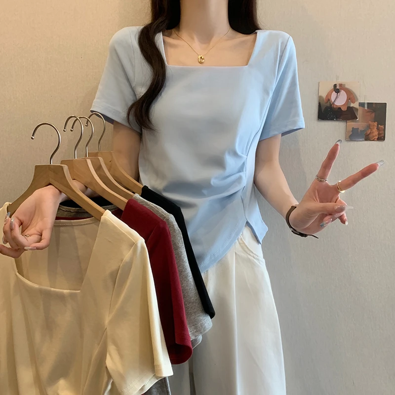 胖mm夏季大码不规则方领褶皱开叉短袖T恤女别致修身显瘦正肩上衣