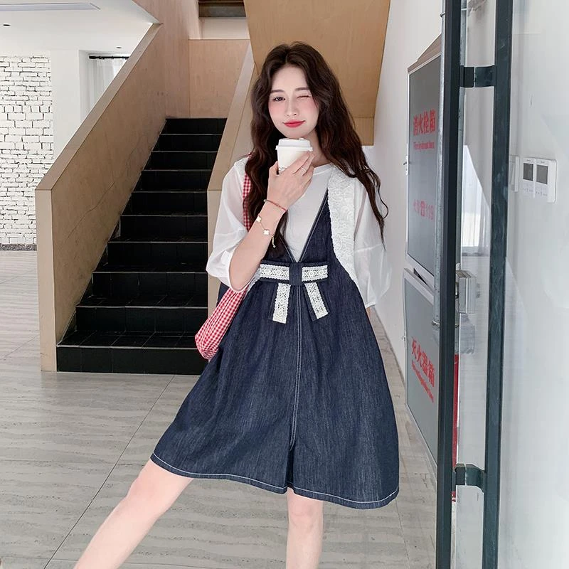 蝴蝶结牛仔背带连体裤两件套女夏季巨好看小众不撞衫减龄洋气套装