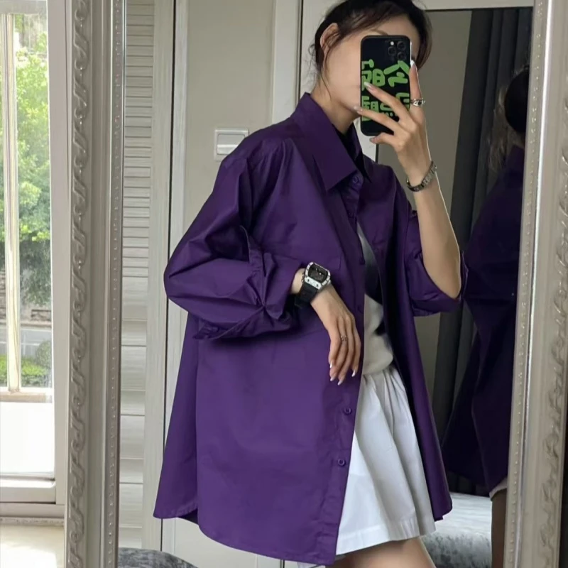 早春新款紫色衬衣+白色短裤春夏时尚休闲慵懒风两件套装女