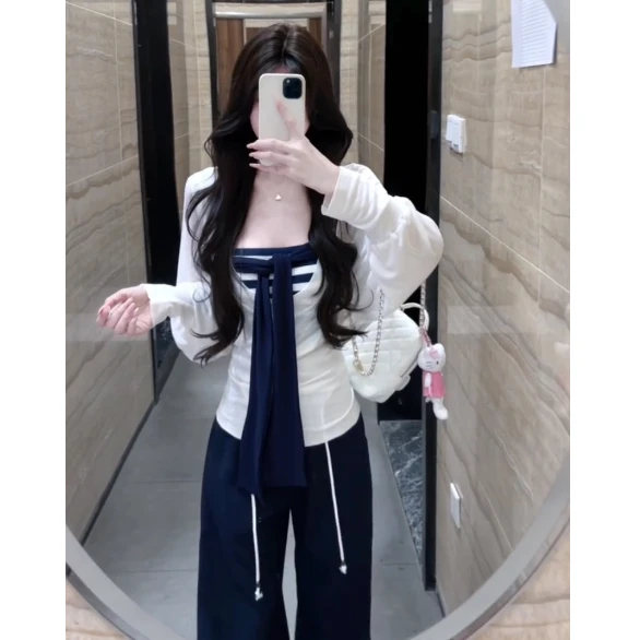 韩系ins长袖T恤女装秋季修身显瘦条纹抹胸背心外搭罩衫两件套上衣