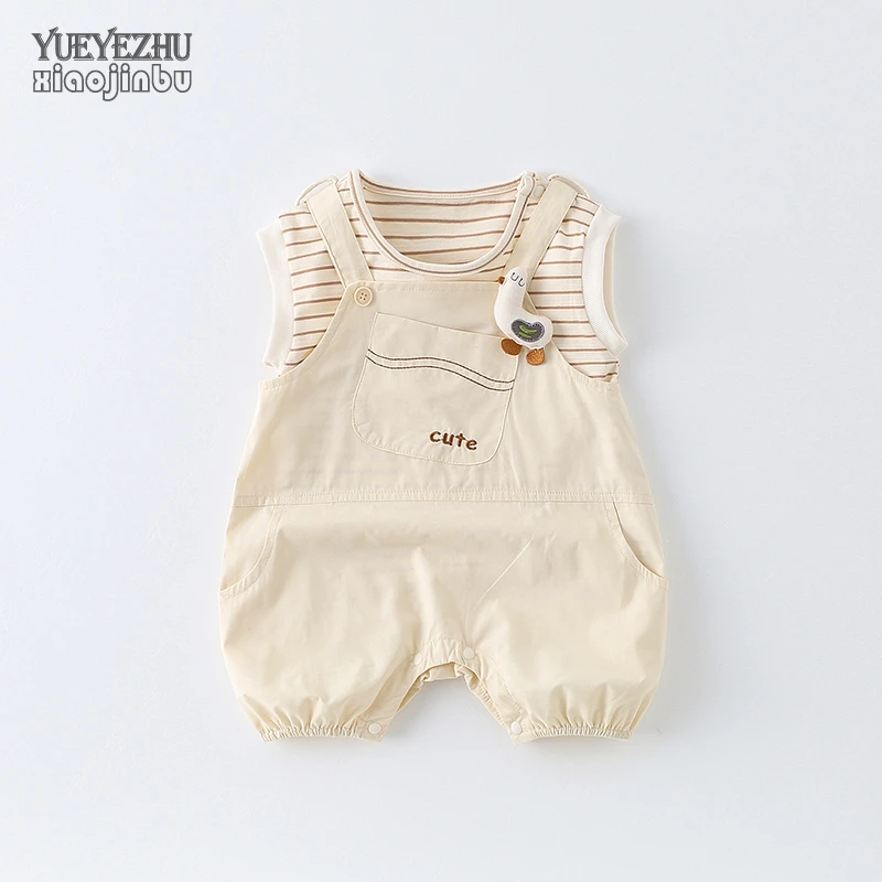 韩版宝宝衣服夏季可爱背带裤套装婴儿夏装洋气条纹背心两件套外出